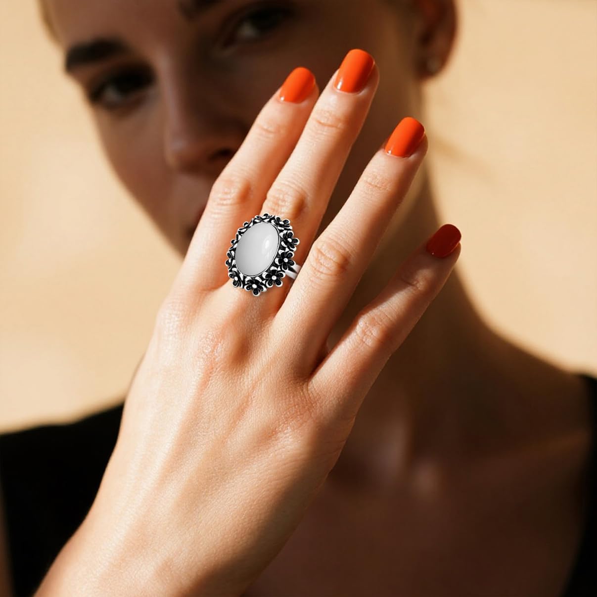 Sterling Silver Natural Stone Flower Ring,Retro Antique Vintage Oval Genuine Crystal Quartz Gemstone Floral Boho Bohemian Statement Ring for Women
