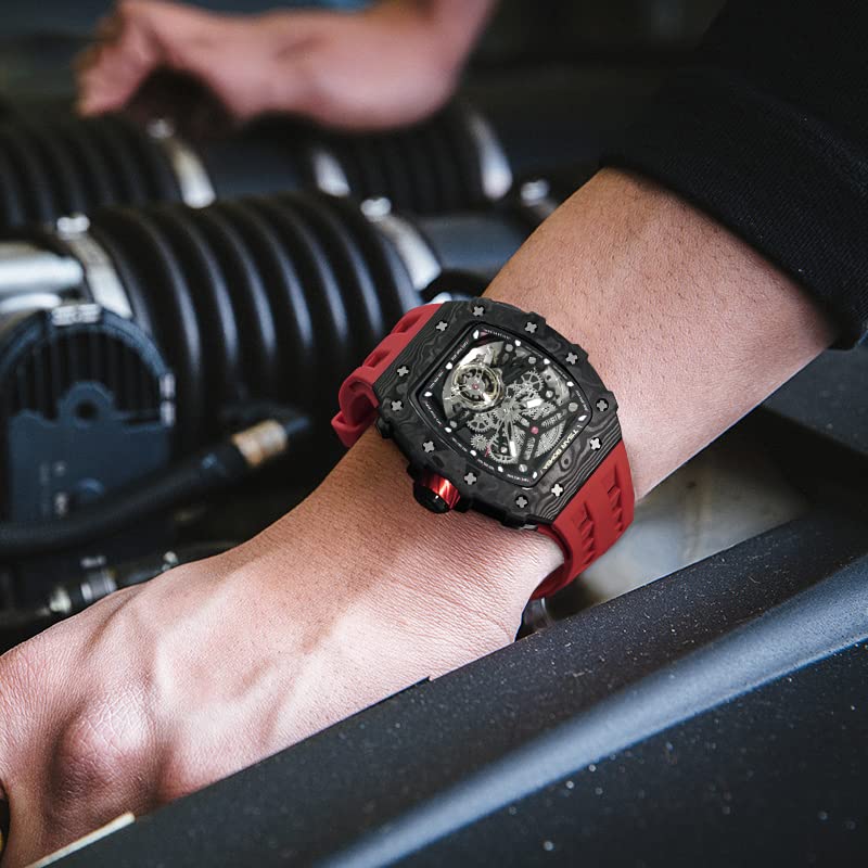 Image of TSAR BOMBA Automatic Watches for Men,50M Waterproof Men's Watch,Luxury Mechanical Skeleton Analog Watch,Silicone Watch Bands Carbon Fiber Case Black Watch,Gifts for Men Business Casual