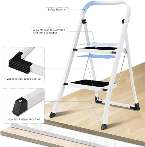 Miniatura 3 de Escalera de dos peldaños plegable Soctone con pedal antideslizante, escalera ligera de dos peldaños con pasamanos, capacidad de 330 libras, perfecta