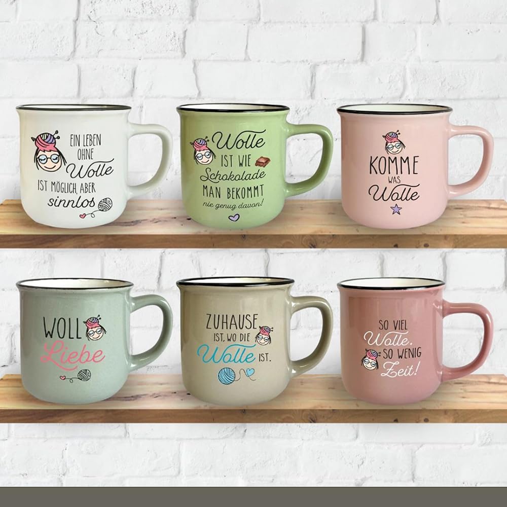 Frida's Tassen-Set Vintage 6 Motive Keramik Wolle Stricken Häkeln Geschenk Retro 330 ml