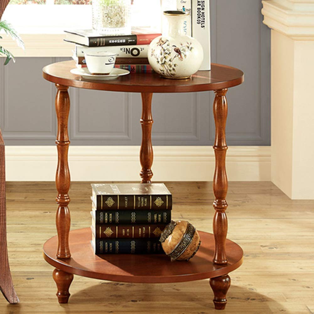 Tavolino Rotondo A 2 Ripiani In Legno Massello, Resistente