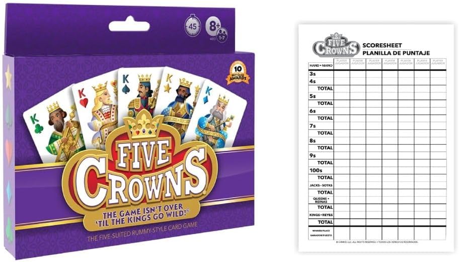 PlayMonster Five Crowns Card Game and Five Crowns Double Sided 130 Sheet Scorepad Bundle — 5 Suited Rummy-Style Card Game for Adults and Kids — for Ages 8+