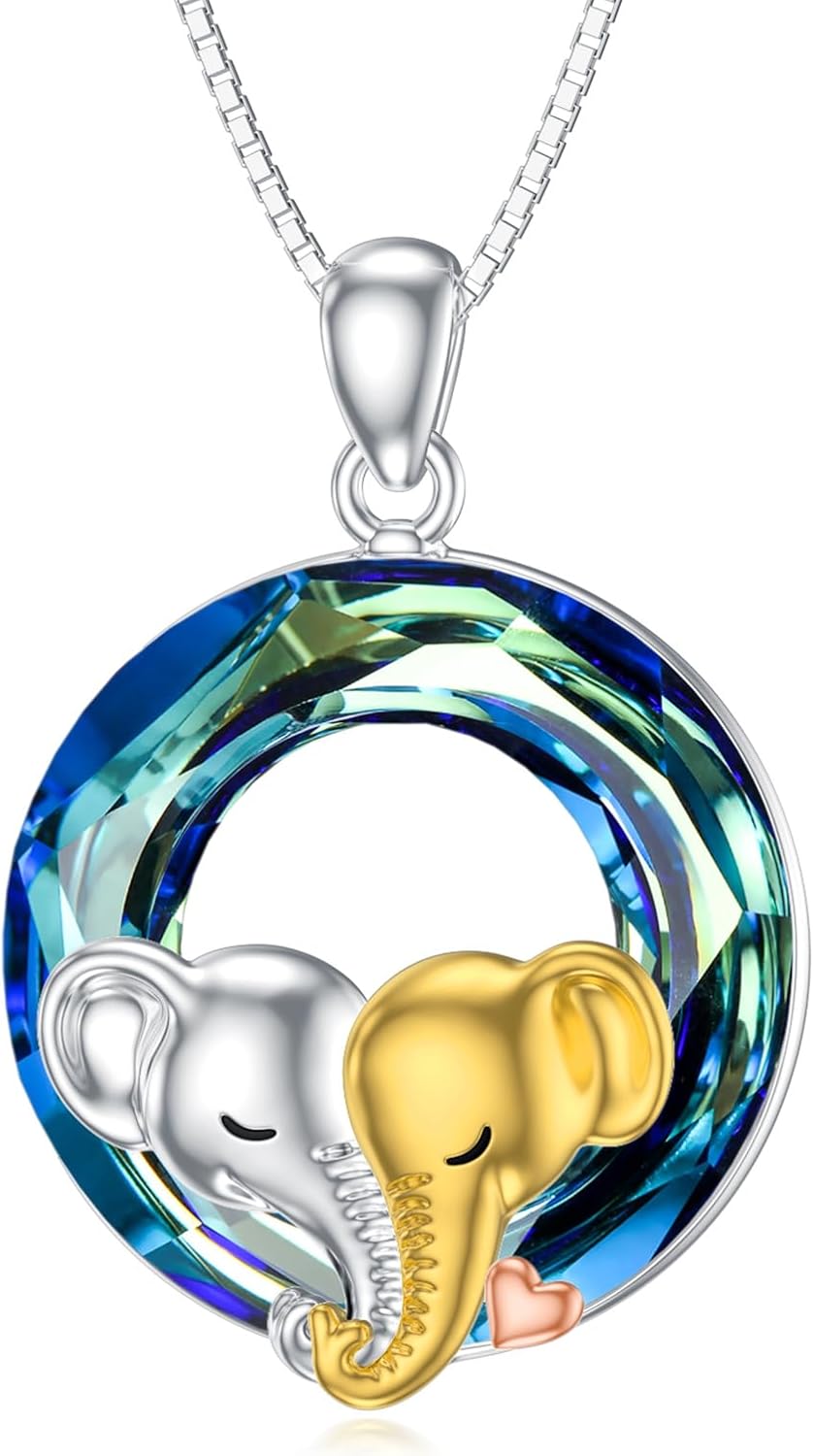 925 Sterling Silver Lucky Double Elephant Necklace I Love You Forever Heart Crystal Pendant Valentines Jewelry Gift for Women Girlfriend