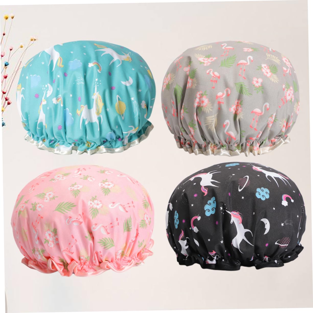 Angoily 12stücke Teiliges Elastischer Duschhauben Doppellagige Wasserdichte Bademützen Für Spa Geeignet Für Verschiedene Kopfgrößen Zufällige Farben Flamingo Flamingo Blau Pegasus