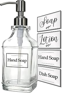 JASAI Antique Glass Soap Dispenser with Rust-Proof 304 Stainless Steel Pump & 10 Clear Stickers - 12oz Kitchen Bathroom Dispenser