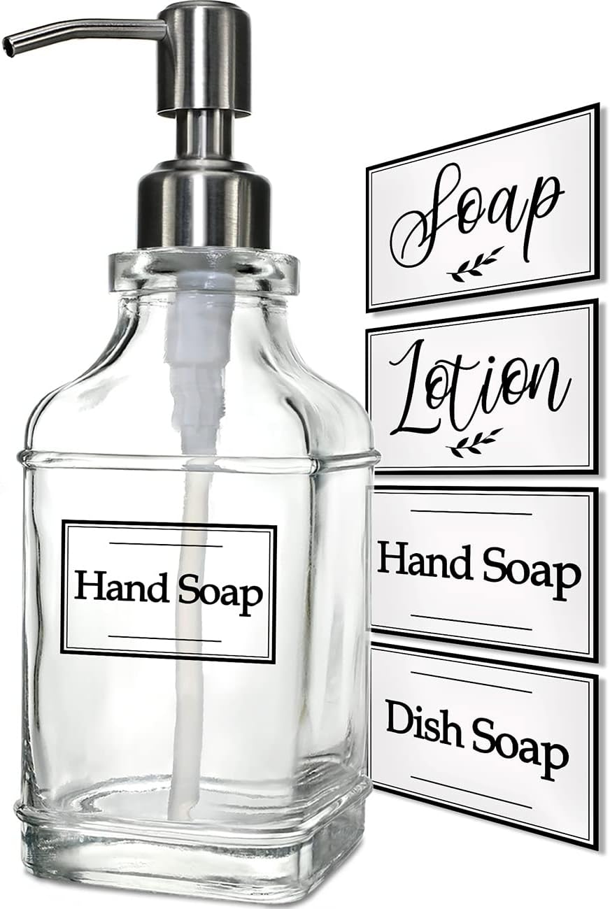 Antique Design Soap Dispenser with Rust Proof 304 Stainless Steel Pump, Refillable Glass Soap Dispenser with 10Pcs Clear Stickers, Premium Kitchen & Bathroom Soap Dispenser