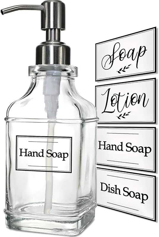 Antique Design Soap Dispenser with Rust Proof 304 Stainless Steel Pump, Refillable Glass Soap Dispenser with 10Pcs Clear Stickers, Premium Kitchen & Bathroom Soap Dispenser | Refillable Glass Soap Dispenser with 10Pcs Clear Stickers, Premium Kitchen & Bathroom Soap Dispenser
