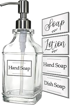 JASAI Antique Design Soap Dispenser with Rust Proof 304 Stainless Steel Pump, Refillable Glass Soap Dispenser with 10Pcs Clea