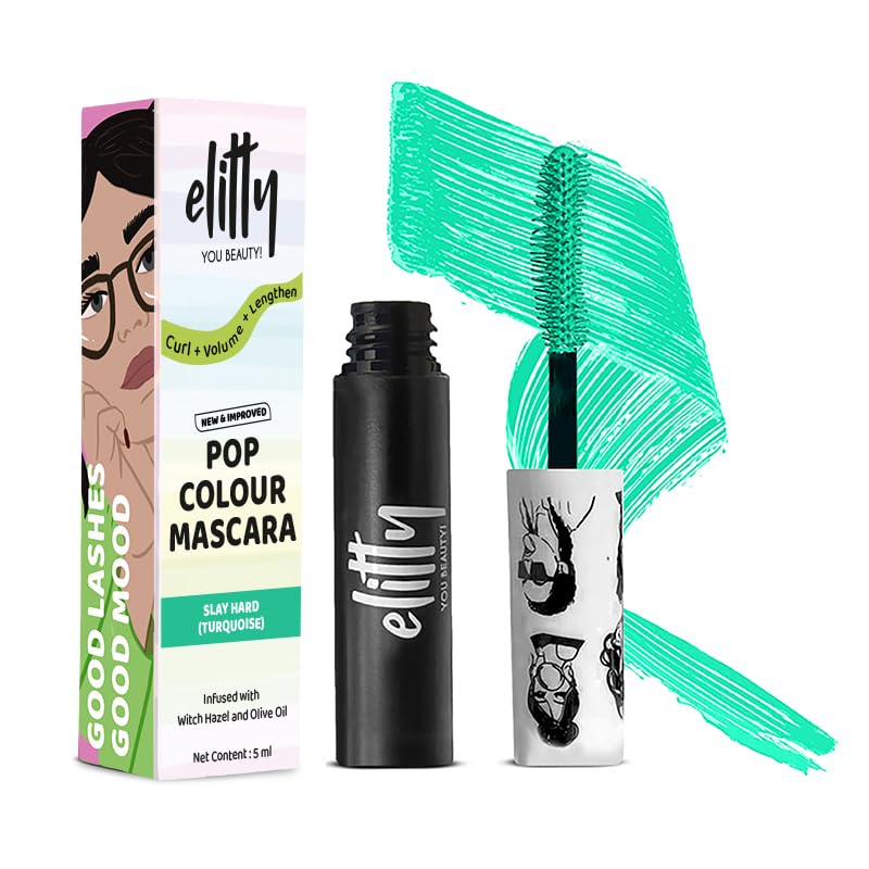 Image of Elitty Pop Colored Lush Lashes Mascara-Slay Hard (Turquoise), Waterproof, Smudge proof, Curling and lengthening, Infused with Witch Hazel and Almond Oil, Vegan & Cruelty Free-5 ML Each
