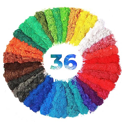 Resiners Mica Powder for Epoxy Resin, 36 Color Epoxy Resin Pigment Powder Set for Resin Curing, Natural Cosmetic Grade Pigment for Resin Molds, Candle, Epoxy Resin, Lip Gloss, Art Crafts, Bath Bomb