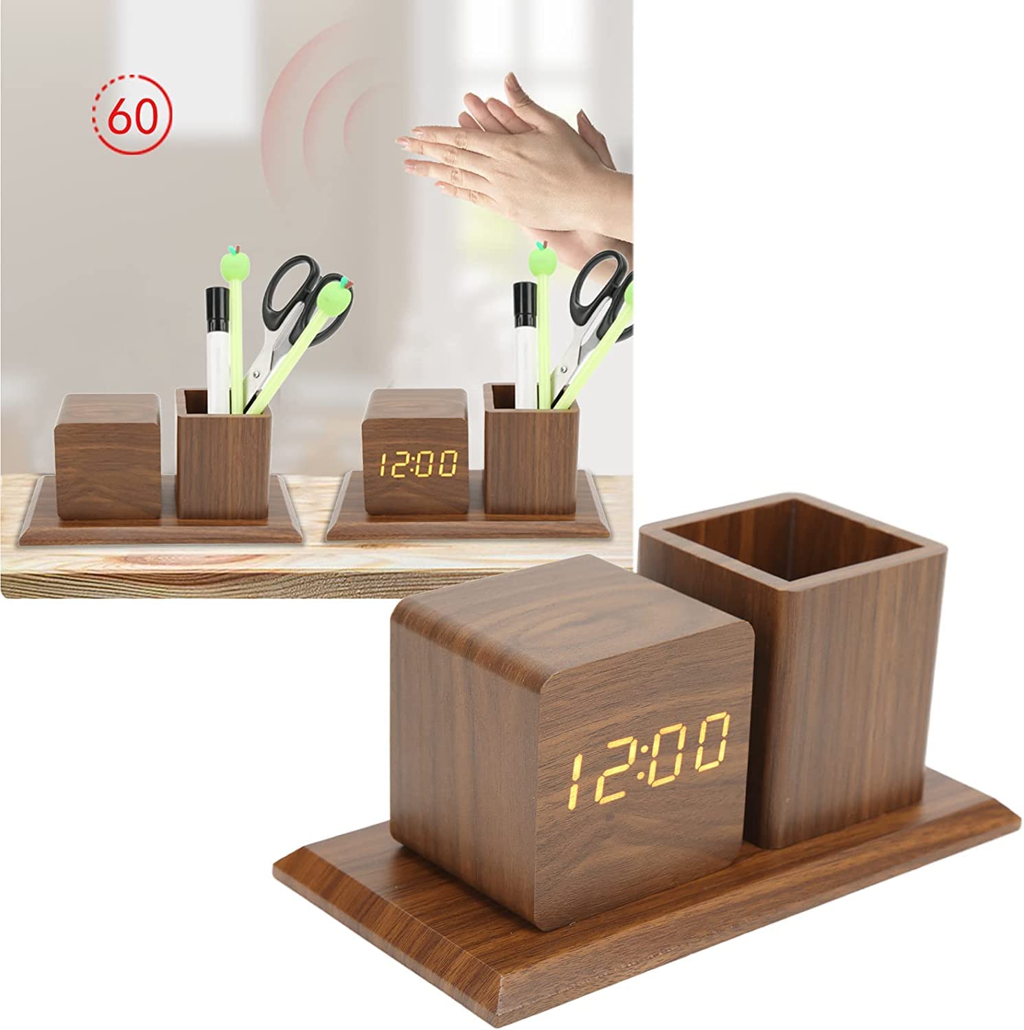 Horloge de Chevet Porte-Stylo en Bois Brun Horloge créative LED réveil numérique réveil Mini Horloge électronique Ornement Bureau Organisateur Crayon Tasse réveil numérique