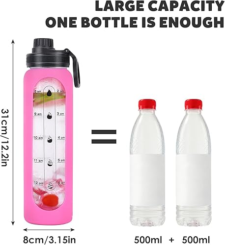 Miniatura 5 de GIEMIT Glass Water Bottle 32 oz with Silicone Sleeve Drinking Hydration Bottles Reusable BPA Free Borosilicate Wide Mouth Motivational Water Bottles