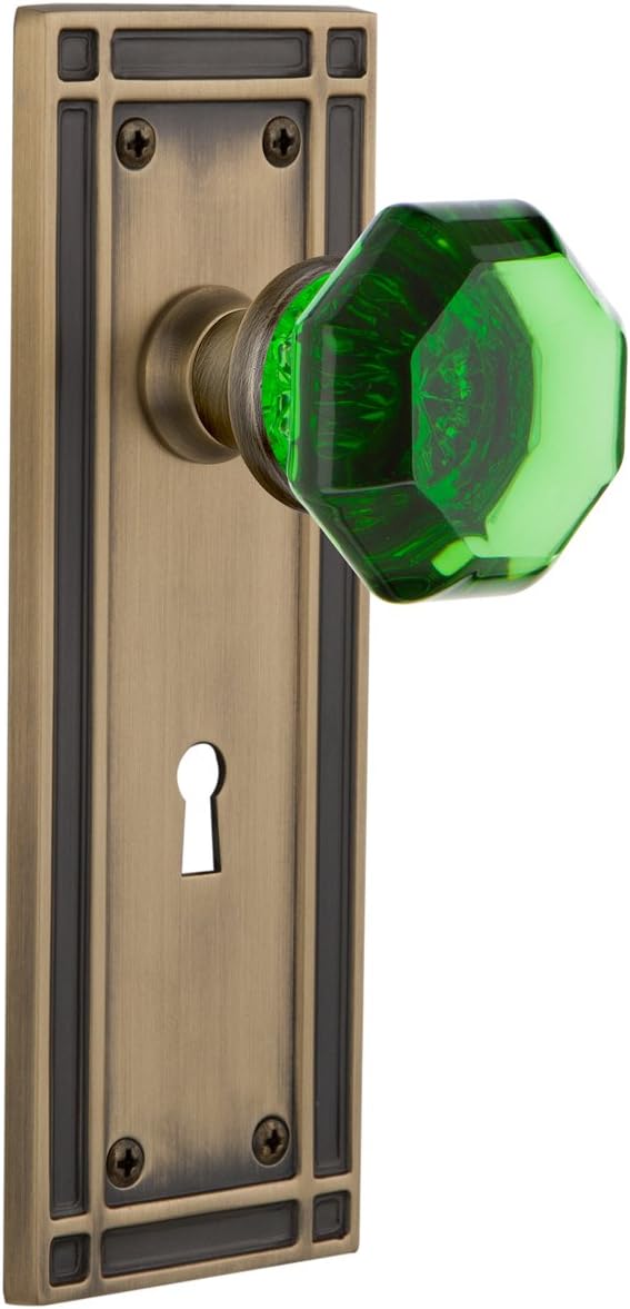 Nostalgic Warehouse 722915 Mission Plate Waldorf Emerald Door Knob in Antique Brass, Single Dummy with Keyhole