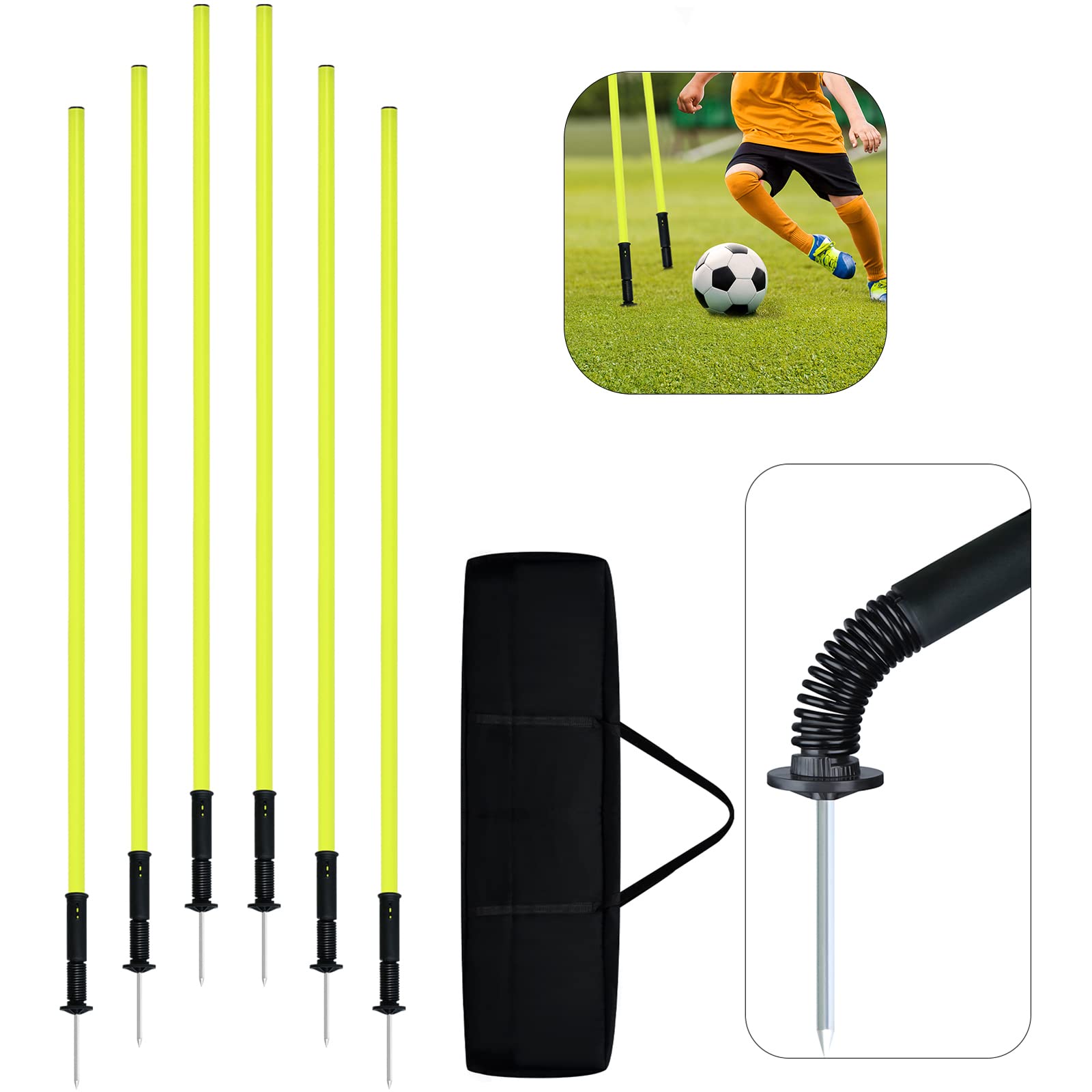 LZQ Lot de barres de slalom - 1,5 m - Barres d'entraînement - Avec suspension amovible - Avec sac de transport et pointe en métal pour le football et l'entraînement de coordination (jaune, 6 barres)