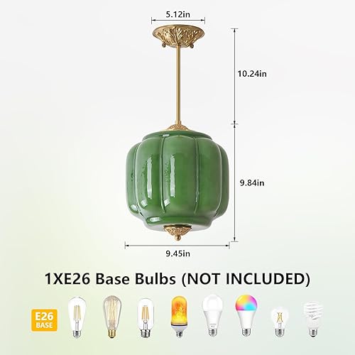 Miniatura 5 de Lámpara colgante de cristal de leche verde con acabado de latón antiguo, lámpara de techo semiempotrada vintage de 10.24 pulgadas, lámpara de techo