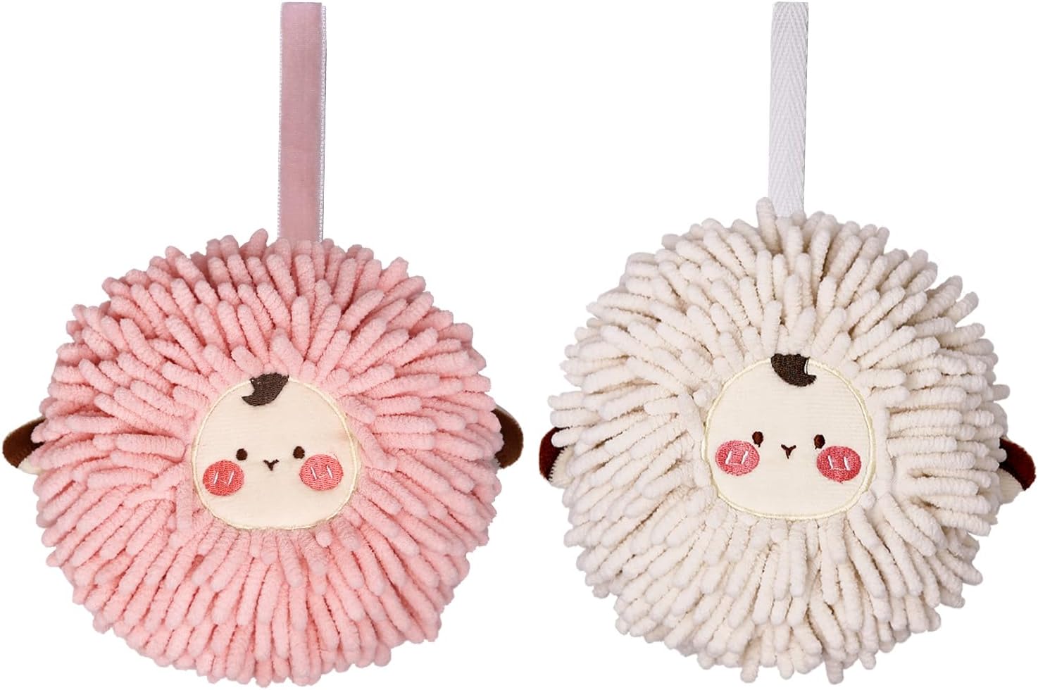 Xunlong Microfiber Chenille Hand Towel Ball Cartoon Pattern Quick Dry Super Absorbent Bathroom Kitchen Towel 2 Pack (Pink + White Sheep)