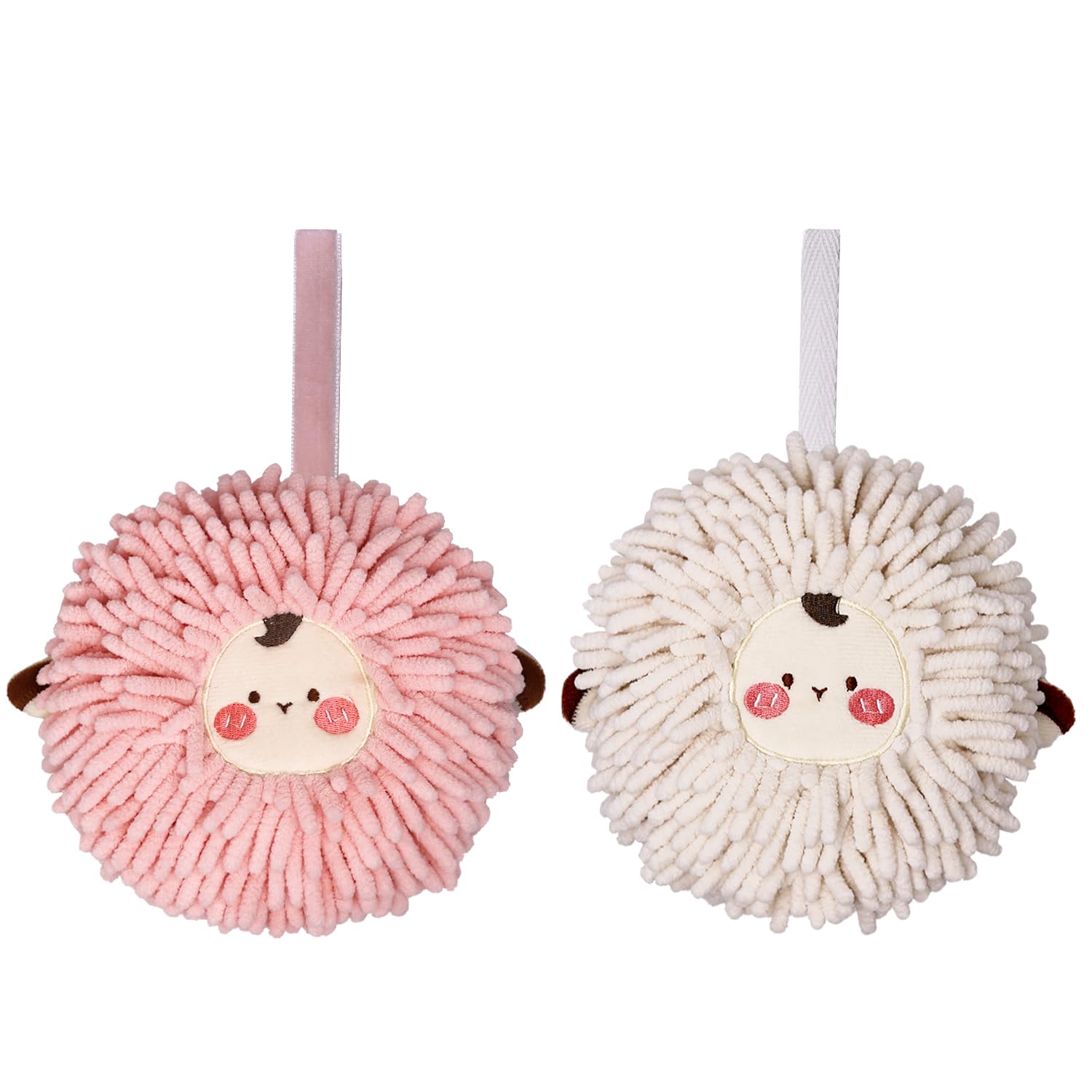 Xunlong Microfiber Chenille Hand Towel Ball Cartoon Pattern Quick Dry Super Absorbent Bathroom Kitchen Towel 2 Pack (Pink + White Sheep)