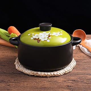 LKWK Casseruola rotonda in ceramica con coperchio, motivo floreale Pentola fatta a mano Pentola di terracotta Pentola di terracotta Zuppa di cipolle Pentola per zuppa di coccio per cottura lenta Verde