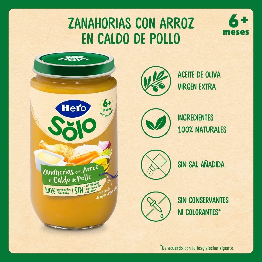 Hero Baby Tarritos Infantiles Zanahorias con Arroz en Caldito de Pollo Sin Aceite de Palma 235 g Paquete de 12
