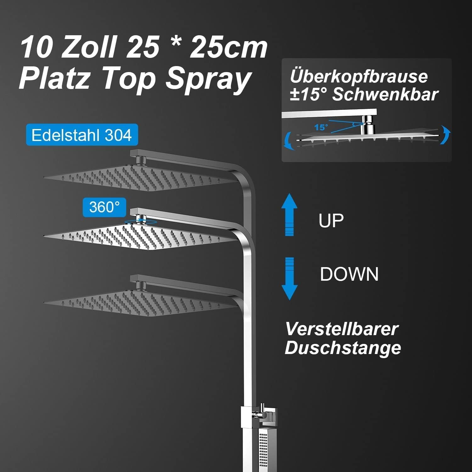 YOOZENA Duscharmatur mit thermostat, Duscharmatur Komplettset (Duschsystem - 25 X 25 CM Kopfbrause aus Edelstahl 304 - Duschkopf mit Schlauch und Halterung) Eckig regendusche mit armatur, Chrom