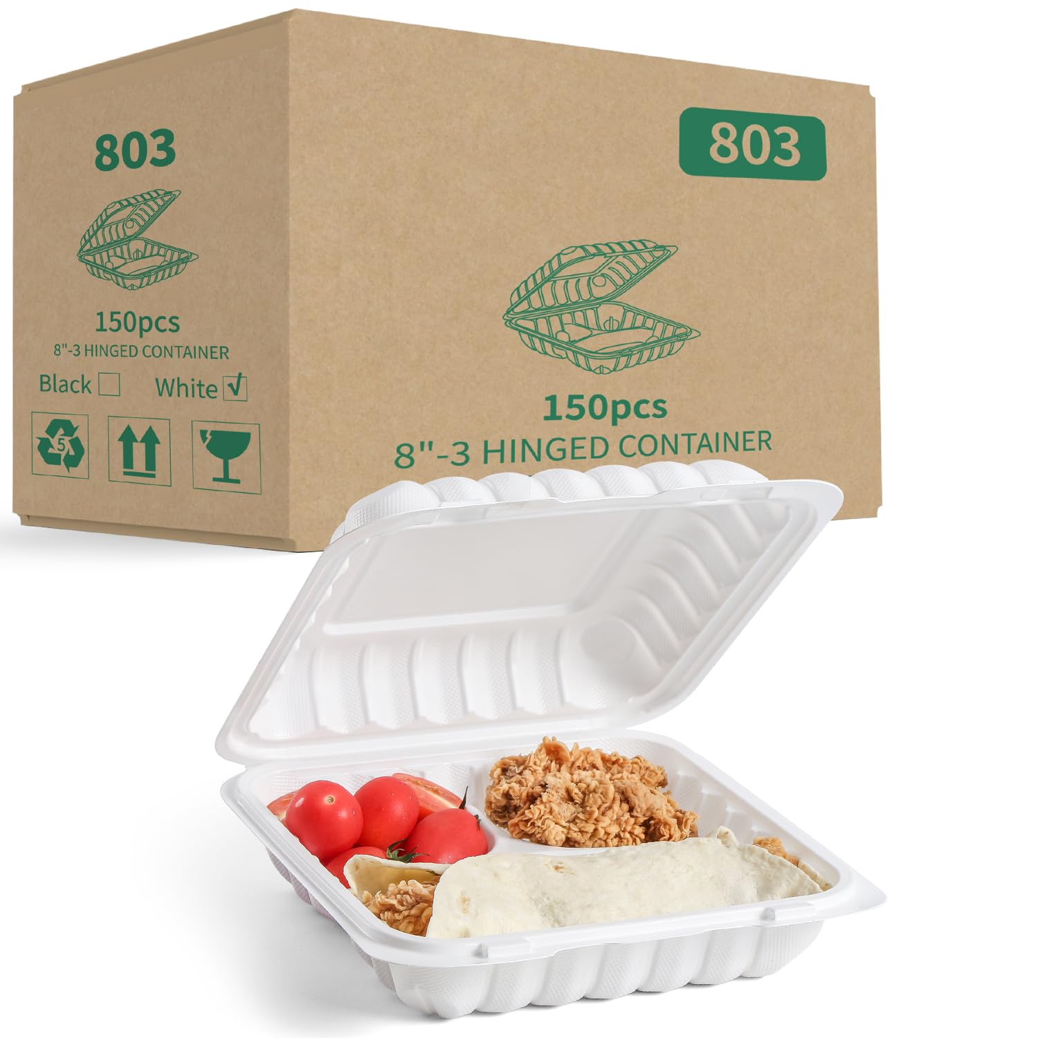 YANGRUI To Go Food Containers, Reusable 150 Pack 8 Inch 34 OZ MFPP Meal Prep Container BPA Free Microwave Freezer Safe Plastic Hinged White Clamshell