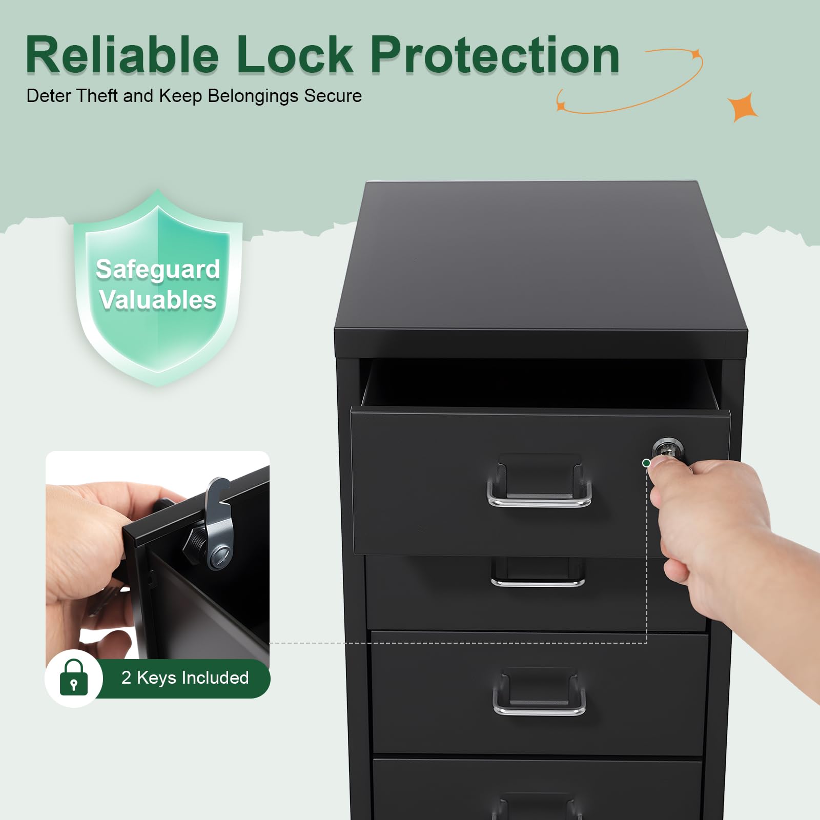 6 Ebenen Mobiler Vertikal Aktenschränke Aufbewahrungsschrank für Homeoffice | Rollcontainer, Metall Aktenschrank mit Schloss, 8-10kg pro Fach, für Homeoffice, Büro, 28x41x69cm, Schwarz