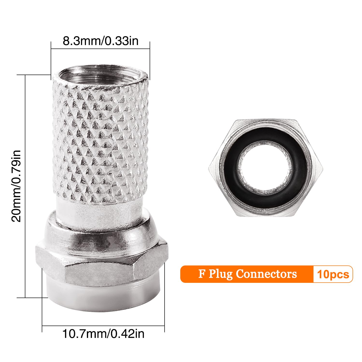 Connecteurs à Vis de Type F pour Câble Coaxial RG6, Argent, 10 Pièces