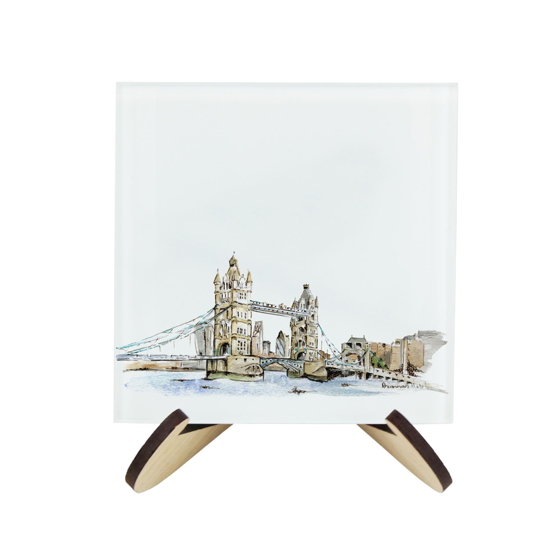 London Landmarks Coaster Set - Square Glass Painted Scene Design - Set of Four (4) Coasters & Wood-Effect Stand