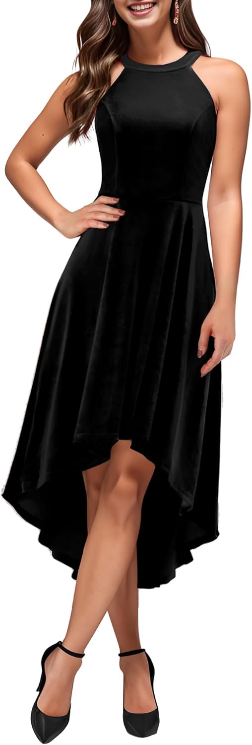 Dressystar Women’s Halter Cocktail Party Dresses Hi-Lo Velvet Dress for Women Formal Wedding Guest Evening Dress