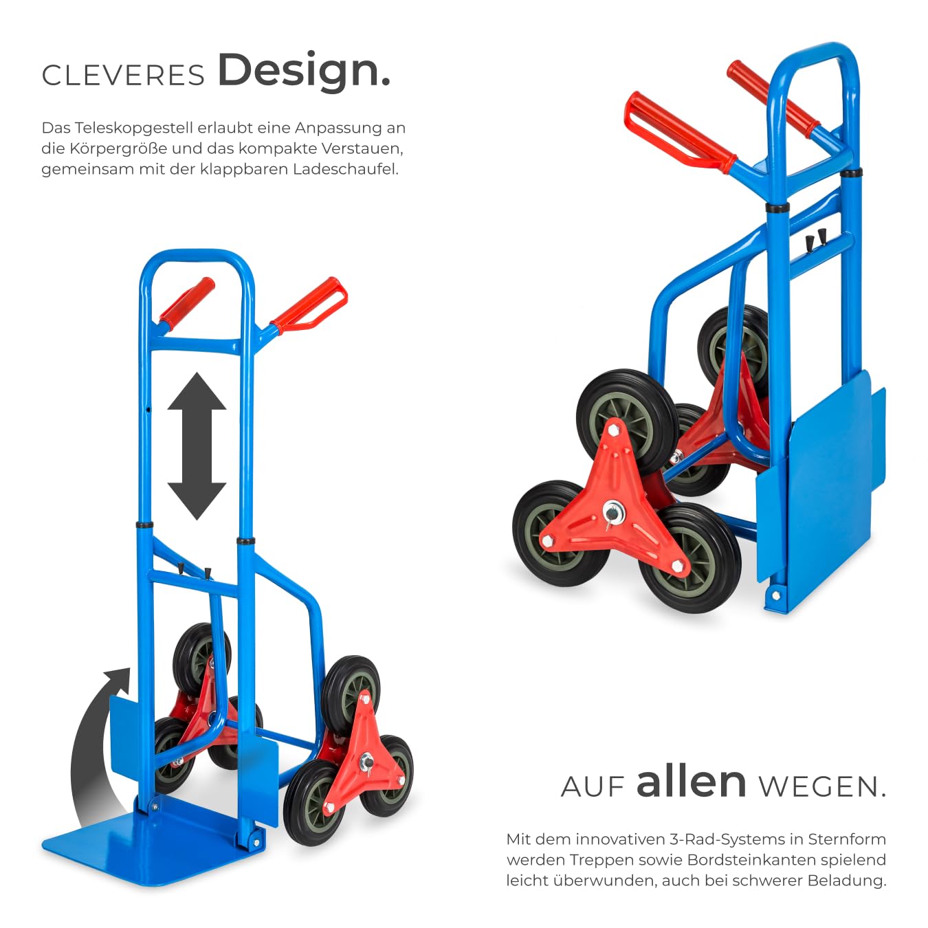 tectake® Treppensackkarre mit Sternrädern, 200kg Belastbar, Stahl, Treppensteiger, Transportkarre, Handkarre, Lastenkarre, Treppentrolley, Stufenkarren, Tragkarre, Lastenroller, Sackkarre