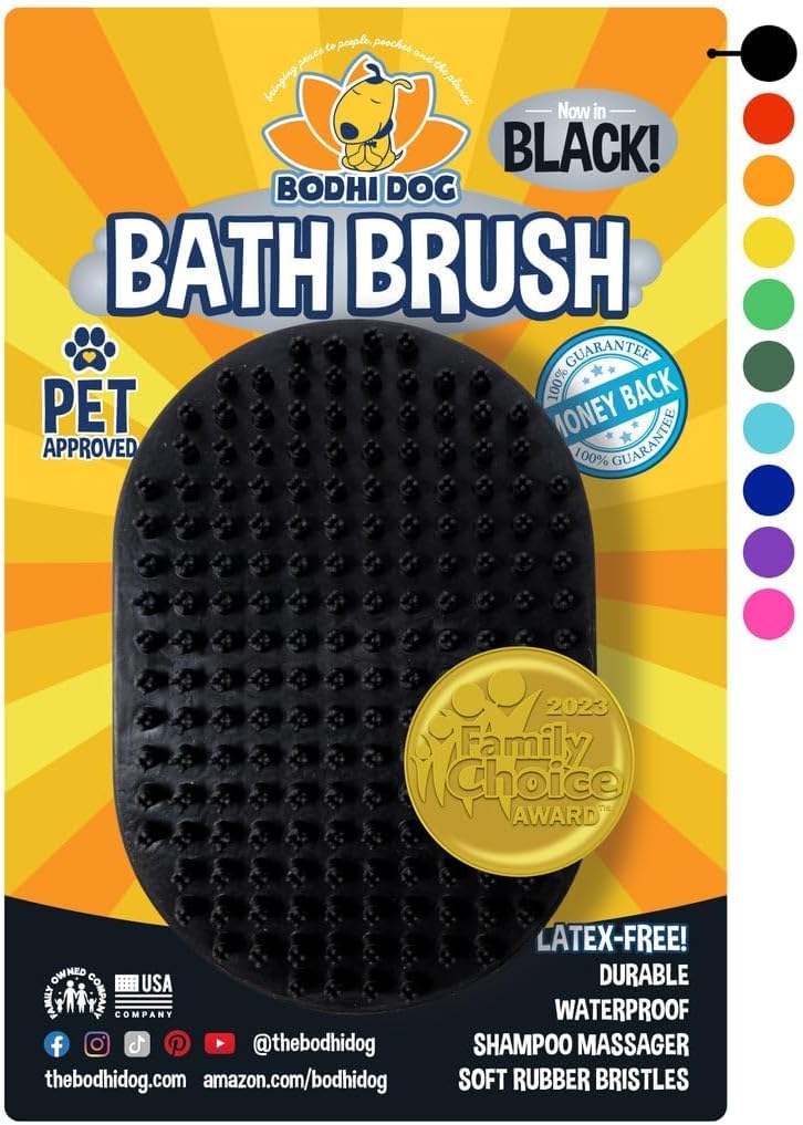 Bodhi Dog Shampoo Bath Brush for Dogs & Cats - Gentle Rubber Grooming Scrubber, Deshedding Massage Tool Wet/Dry (Black, 1 Pack)