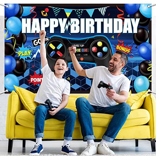 Video Game Happy Birthday Backdrop Game On Birthday Party Backdrop Banner Level Up Gaming Theme Party Background Photo Props For Video Game Party Wall Decorations Supplies (Blue) #TOP5