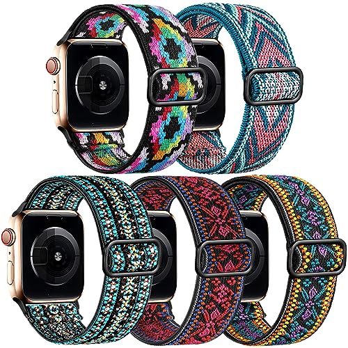 Image of Easuny 5 Pack Stretchy Bands Compatible with Apple Watch 40mm 41mm 42mm 38mm 44mm 45mm 46mm Women, Elastic Fabric Nylon Strap Wristband for iWatch SE 3 2 1 Series 11 10 9 8 7 6 5 4 3 Boho Solo Loop