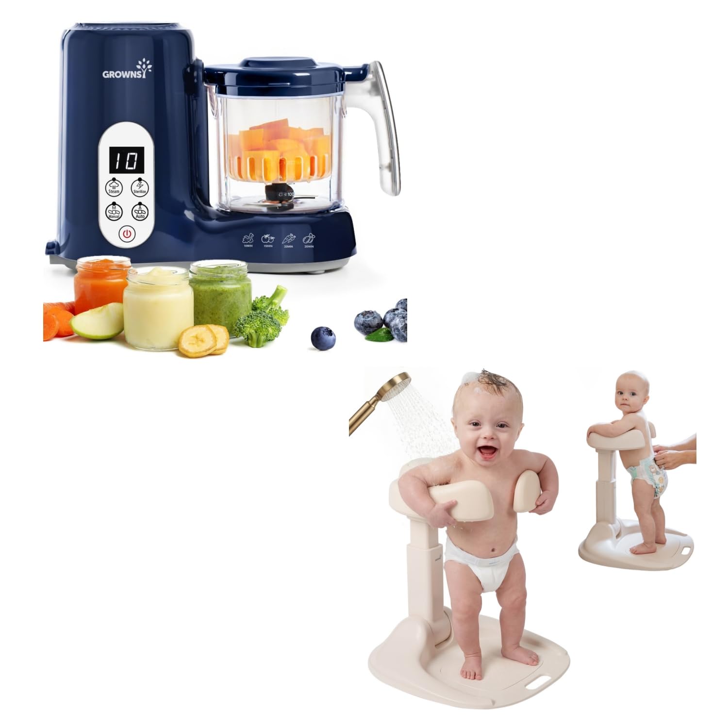 Grownsy Baby Food Maker with Steam Basket (Dark Blue) & Baby Bath Stand for Infants and Toddlers (6-36 Months)