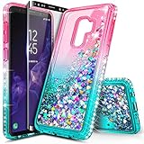 Galaxy S9 Case w/[Full Coverage Screen Protector Premium Clear], NageBee Glitter Liquid Quicksand Waterfall Flowing Sparkle Bling Diamond Girls Cute Case Designed for Samsung Galaxy S9 -Pink/Aqua