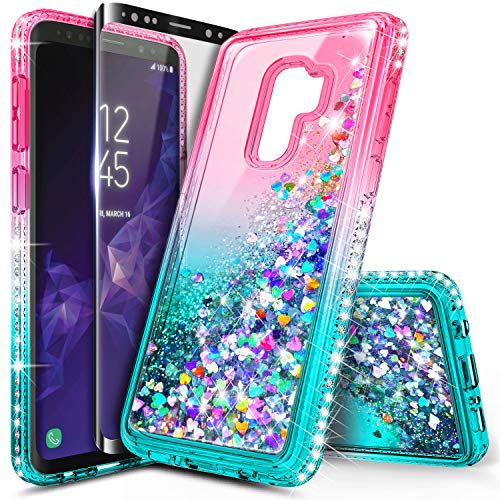 Galaxy S9 Case with Screen Protector (Full Coverage) for Girls Women, NageBee Glitter Liquid Sparkle Bling Floating Waterfall Quicksand Diamond Shockproof Cute Case for Samsung Galaxy S9 -Pink/Aqua