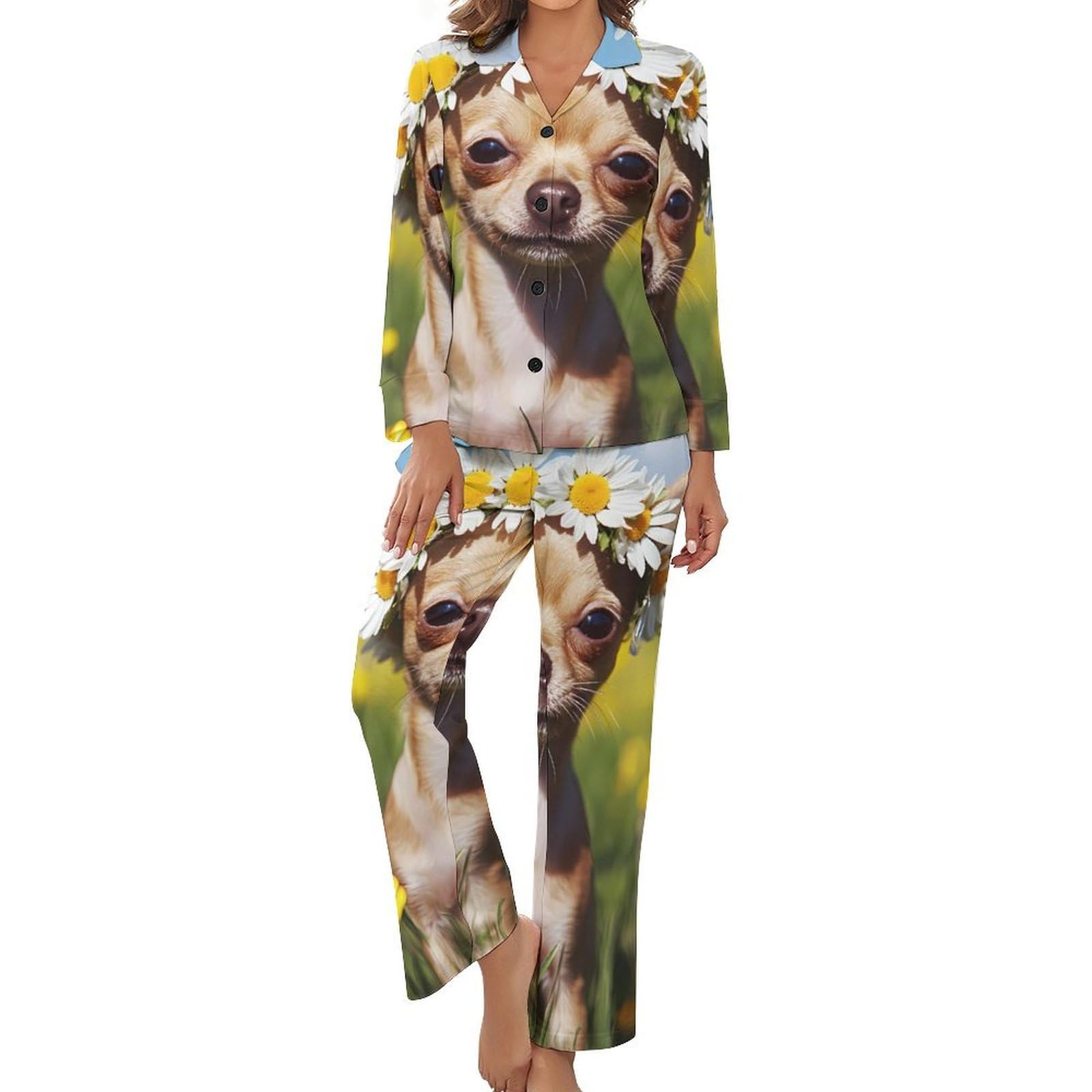 Conjunto de pijama elegante de perro chihuahua con estampado de flores para mujer, manga larga, botones y pantalones, ropa de descanso