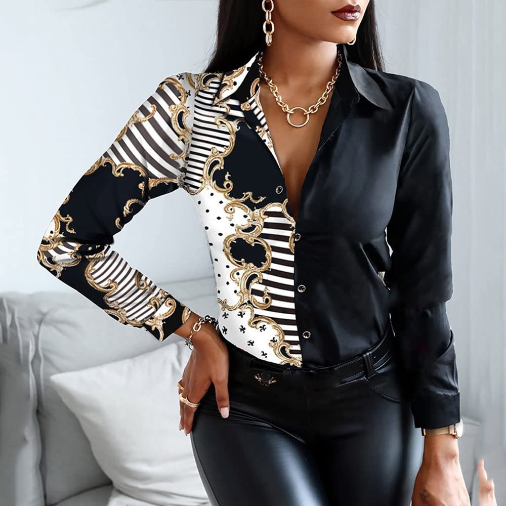 Elegantes Lässiges Langarm-Top,Damen Satin Bluse Shirt Ginger Print Langarm Vintage Mode Seidenhemden Business Shirt Mit Knopf Sexy Party Tops Lässige Arbeit Bürobluse Für Mädchen Damen