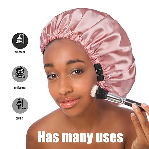 Miniatura 6 de Amamba Gorro de ducha con forro de satén 100% real, gorro de ducha extragrande para mujer, reutilizable, impermeable, tamaño ajustable y gorro de