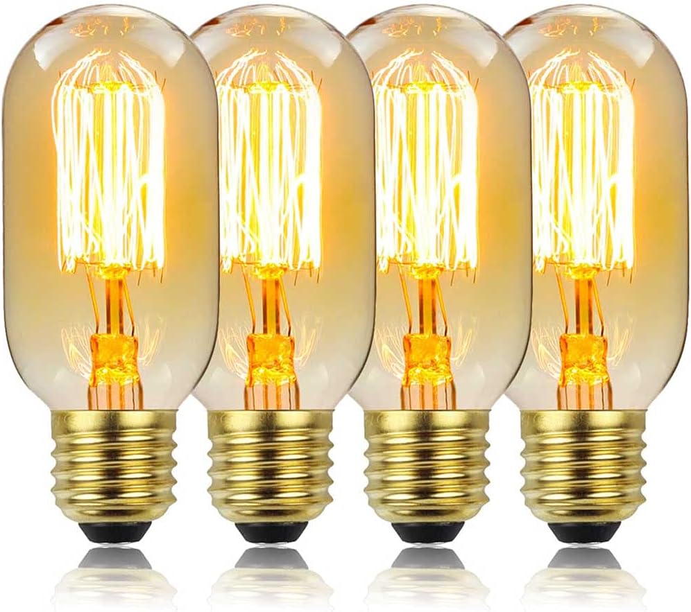 Vintage Edison Bulbs 40W Retro Amber Edison Bulbs E27 Base 220V 2700K Warm White Dimmable T45 Decorative Bulb,Pack of 4,2