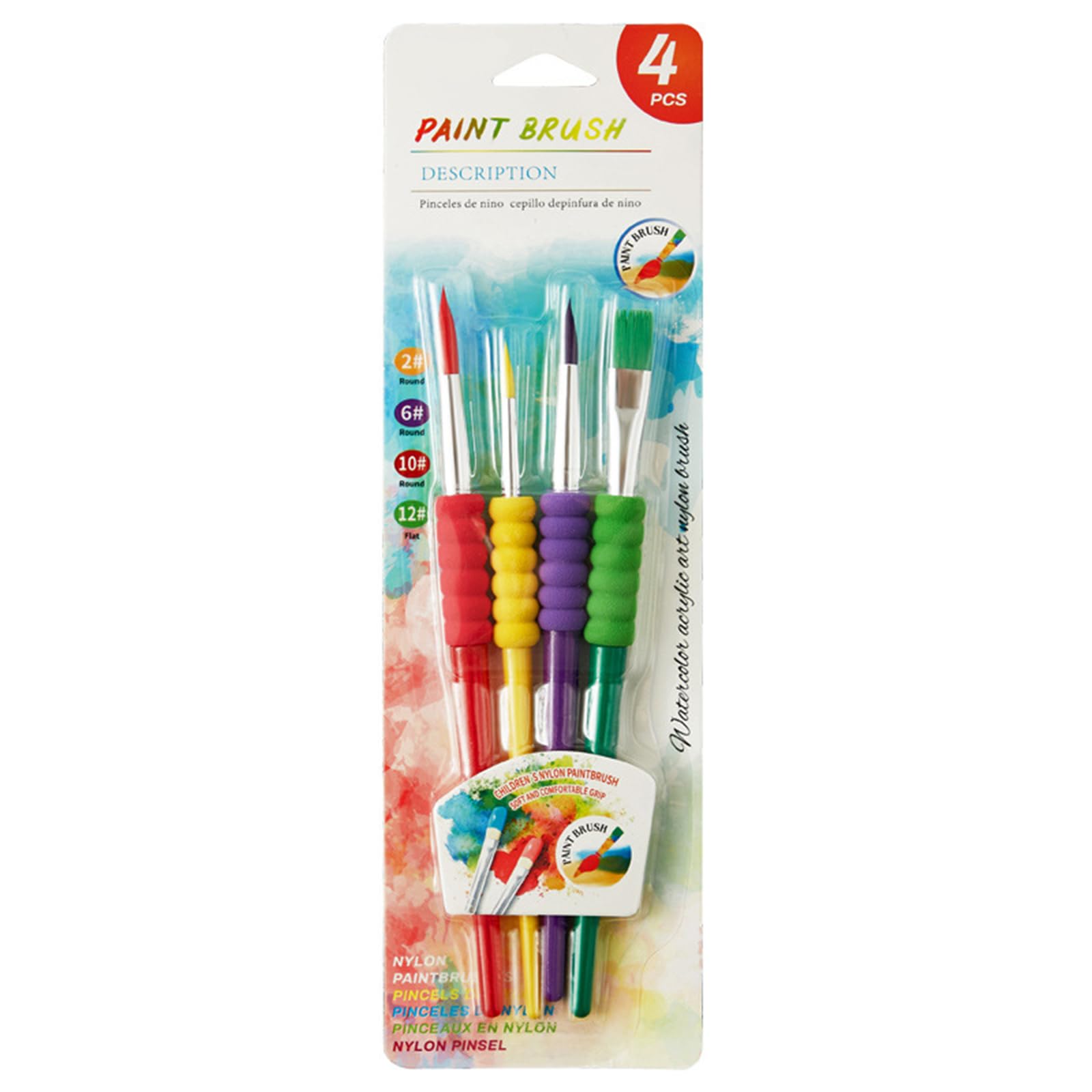 Professional Nylon Bristles Paint Brush with Foam Grip Asorted Size Handle Paintbrush for Kid Students Painting Multipurpose Art Supplies