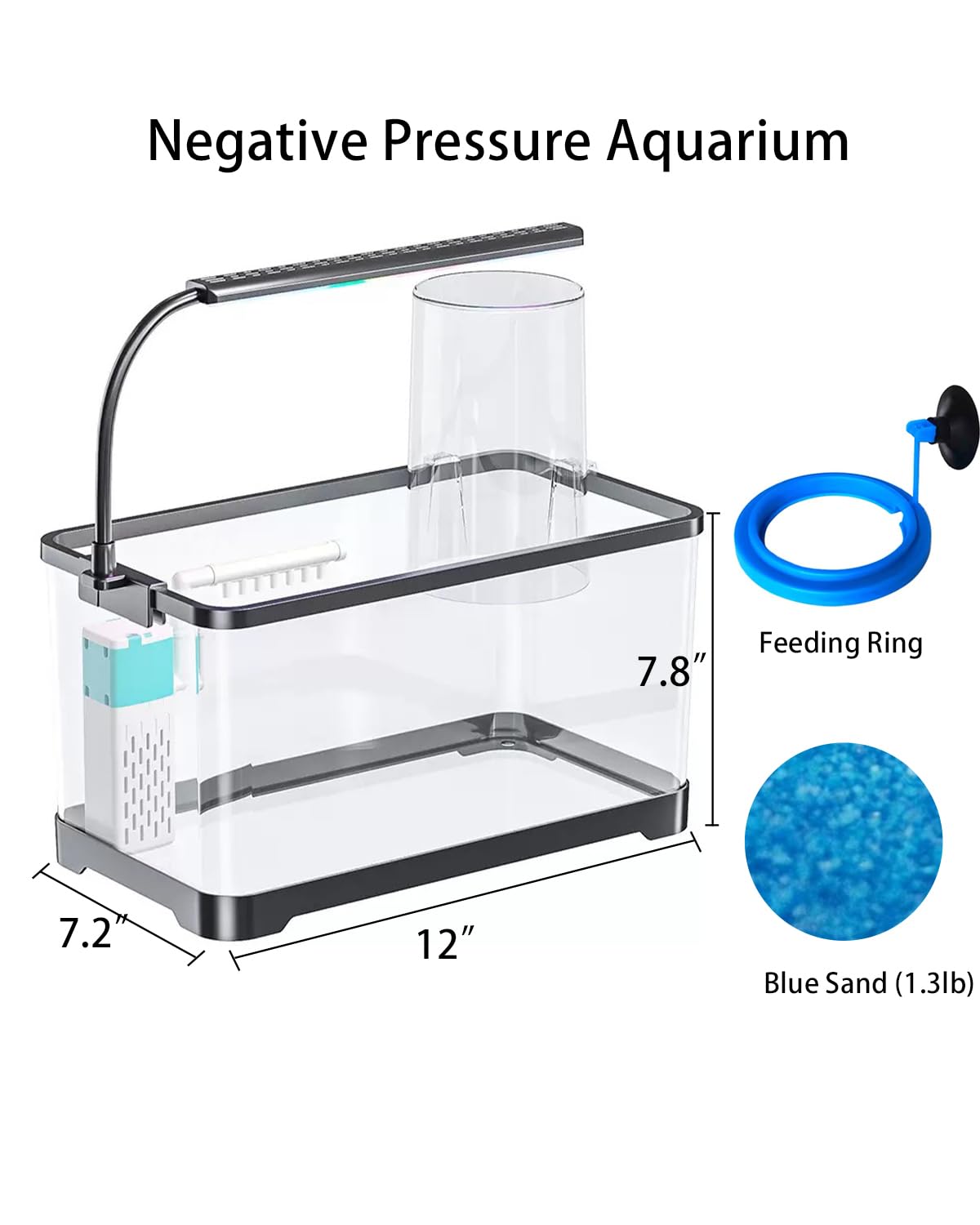 Kit de tanque de peces de acuario de presión negativa, kit de inicio de tanque de peces Betta de 3 galones con luz y filtro, arena azul, perfecto para peces pequeños, camarones o beta