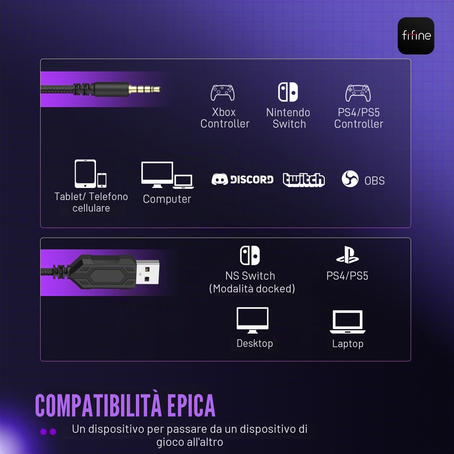 FIFINE Cuffie da gioco per PC, cuffie USB Streaming con jack da 3,5 mm, microfono staccabile, suono surround 7.1 per PS4 PS5, cuffie over-ear nere H9