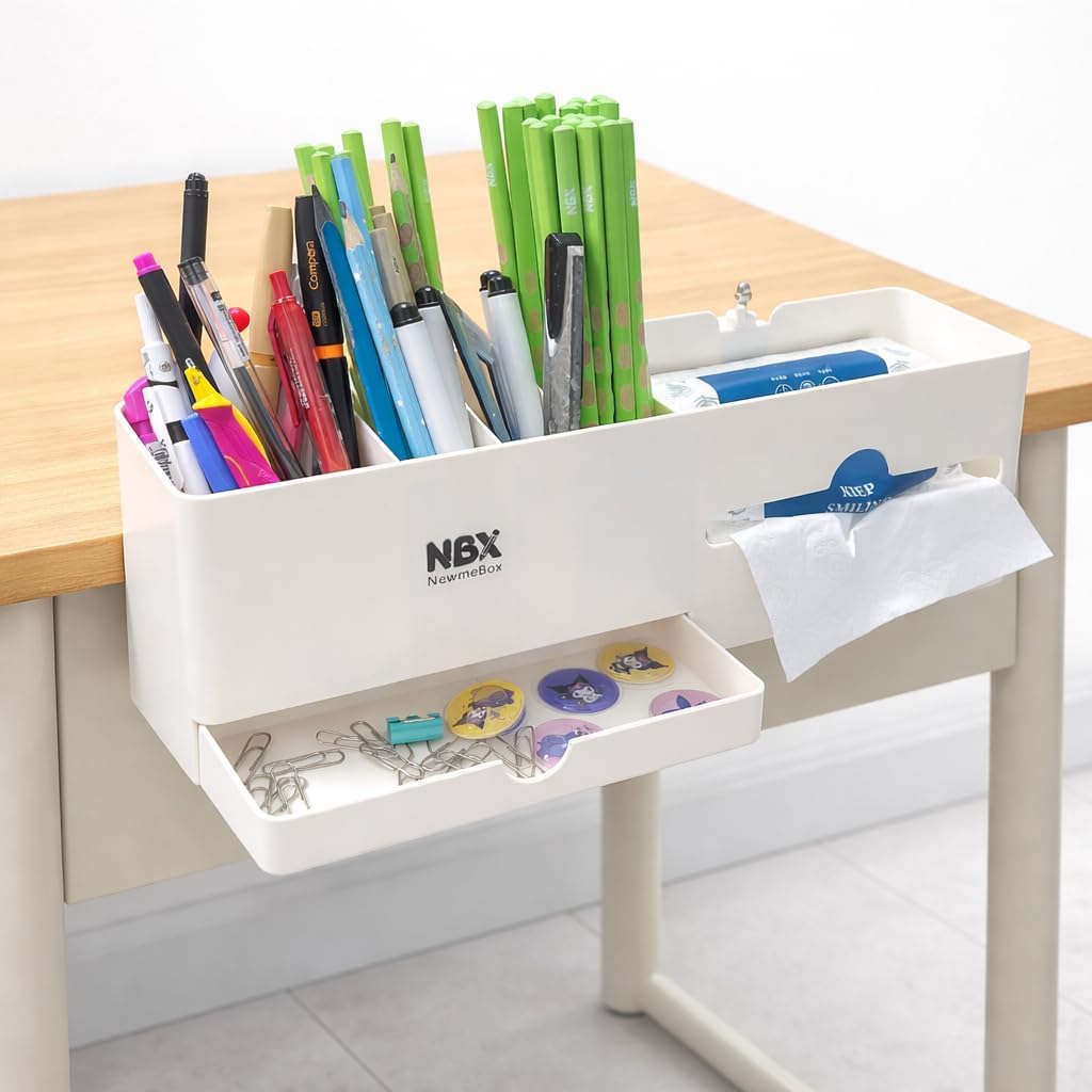 Desk Side Storage Organizer, Desk Cup Holder, No Drill Pen/Pencil/Phone Holder with Hanging Under Table, Clamp On Desktop Side, Stationery Organization Accessories for Home Office(L-size)