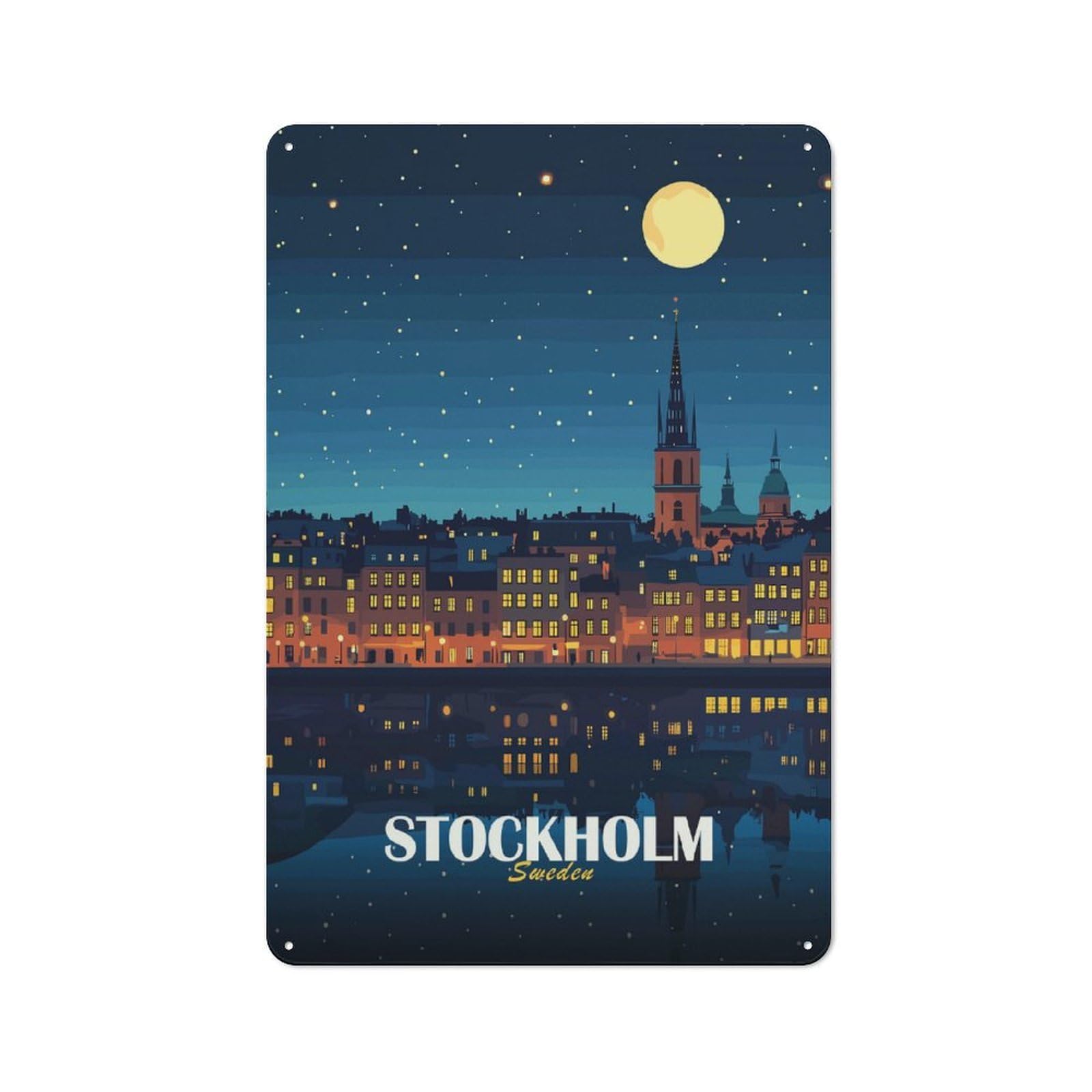 Junmoney Style-7 Tin Wall Plaque 30X20cm With Stockholm Sweden Night Cityscape Illustration For Hallway Wall, Suited To Hallway Decor Lovers, For Retro Home Interiors