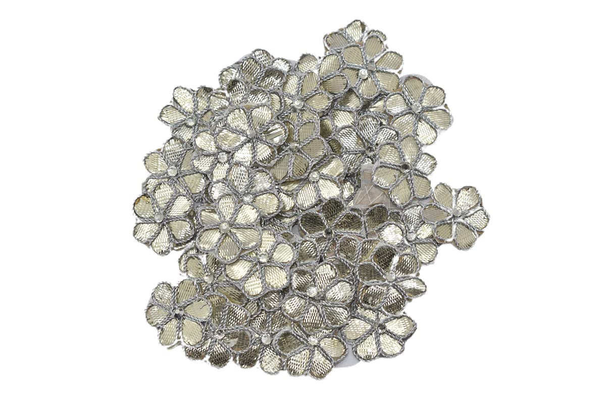 HUNNY- BUNCH® - Zari Gota Patti Flowers with Stone Appliques Patches for Embroidery,Suit,Kurti,Duppata,Decoration, & Craft Making (Pack of 50) Color-Silver (Size:2 cm)-image-38