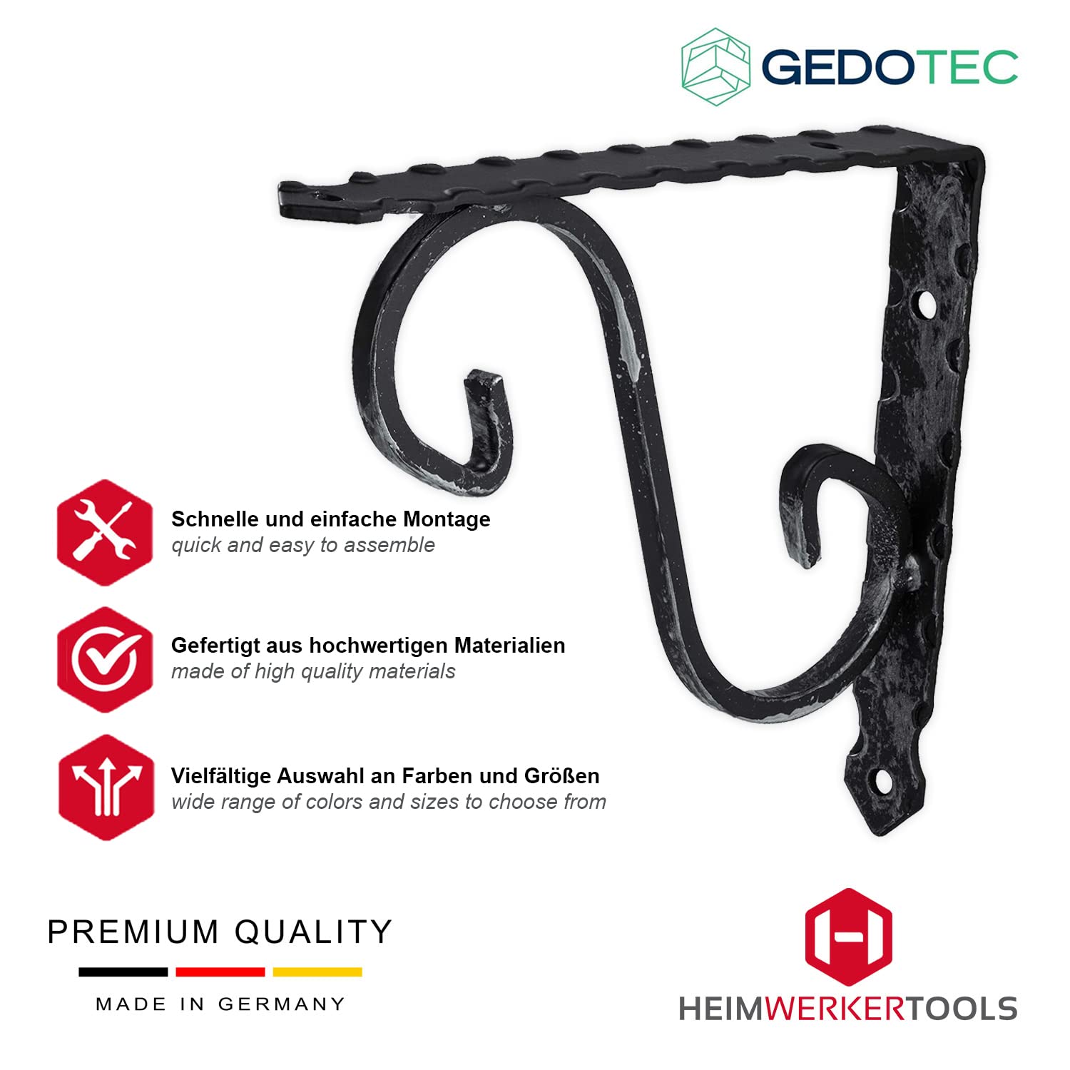 Consolle ornamentale Gedotec supporto pesante supporto pesante in metallo | VICTORIA | profondità: 280 mm | portata ripiano 15 kg | acciaio forgiato nero antico | 4 reggimensola stile country