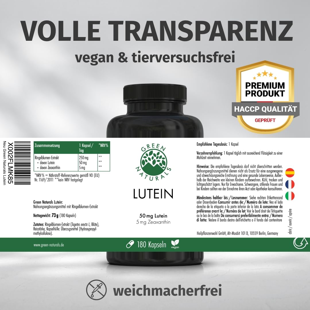Green Naturals Lutein – Hochdosiert: 50 mg Lutein – 180 Kapseln | 5 mg Zeaxanthin · Aus Tagetes-erecta-Extrakt · 6-Monatsvorrat