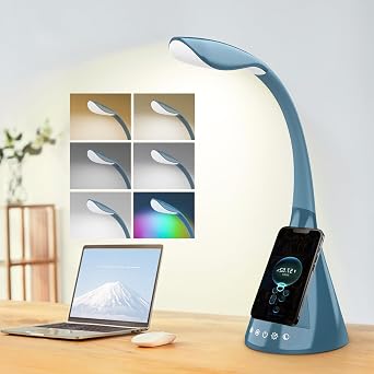 مصباح مكتب LED مع التحكم باللمس وعنق الإوزة بزاوية 360 درجة و9 أوضاع إضاءة مع 5 ألوان RGB لقراءة المكتب المنزلي باللون الأزرق الفاتح
