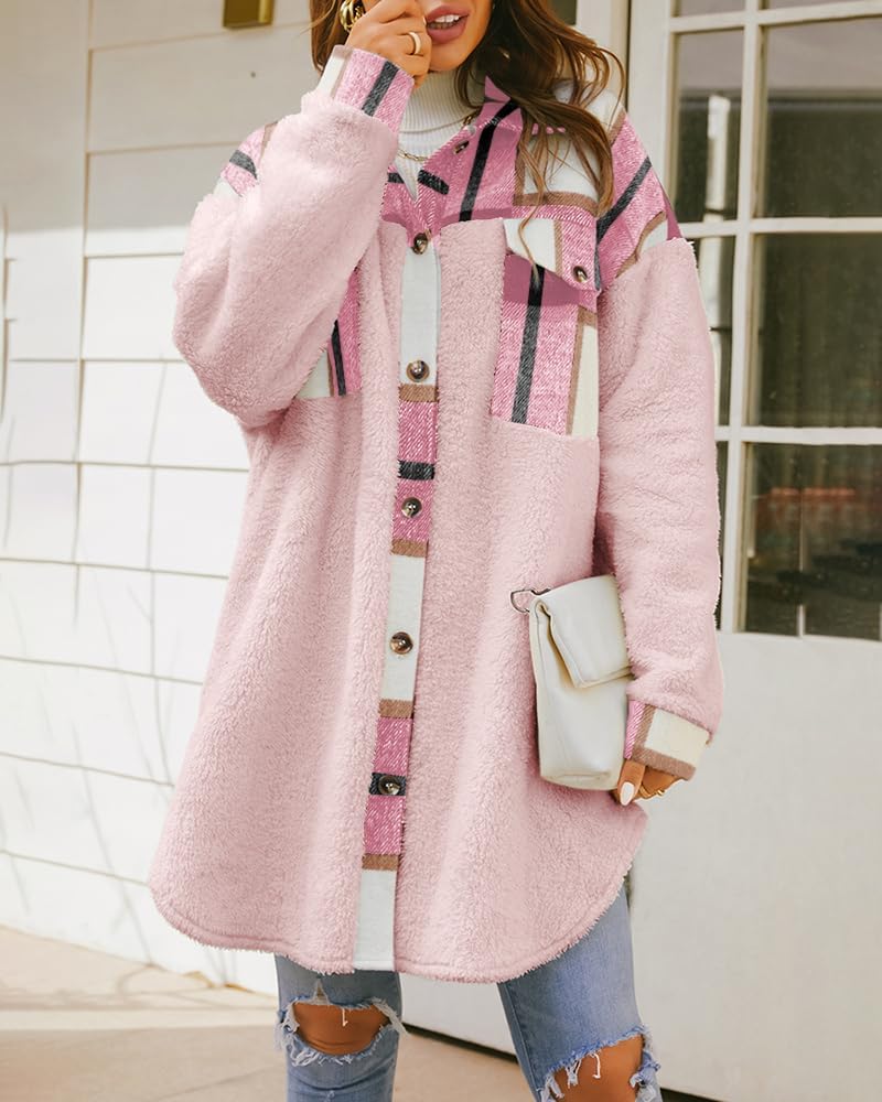 FSHAOES Womens Winter Coats Fuzzy Fleece Jacket Shacket Plaid Lapel Button Down Flannel Shirt Lightweight Outwear